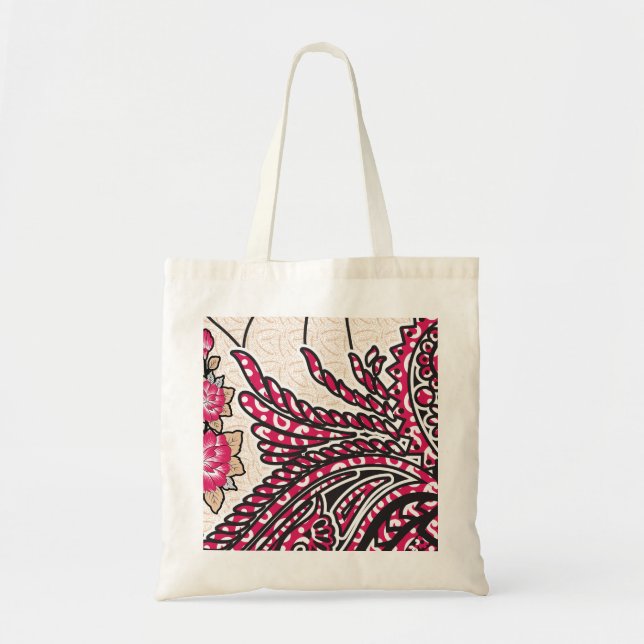 A decorative paisley design with vivid red and pin tote bag (Front)