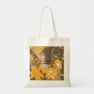 A decorative pattern of flowers and leaves against tote bag