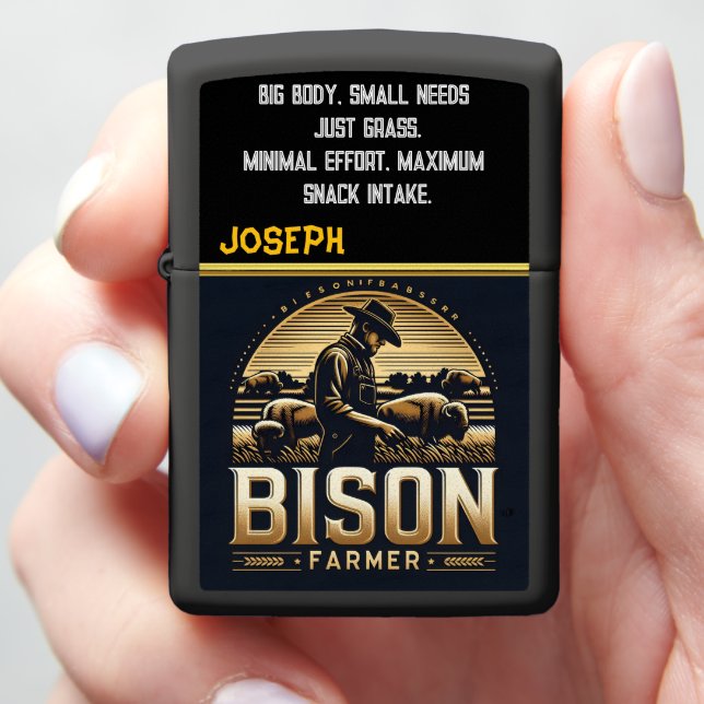 A Dedicated Farmer Tending to Bison at Dusk Zippo Lighter (In Hand)