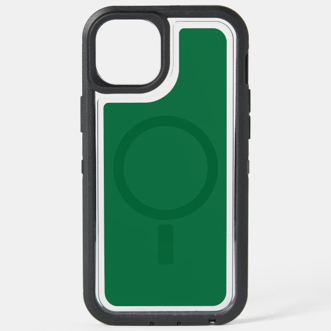 A deep green background contrasted by a crisp whit iPhone 15 plus case (Back)