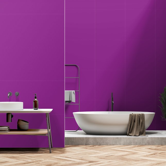 A deep purple background accented by a bright whit wallpaper  (Bathroom)