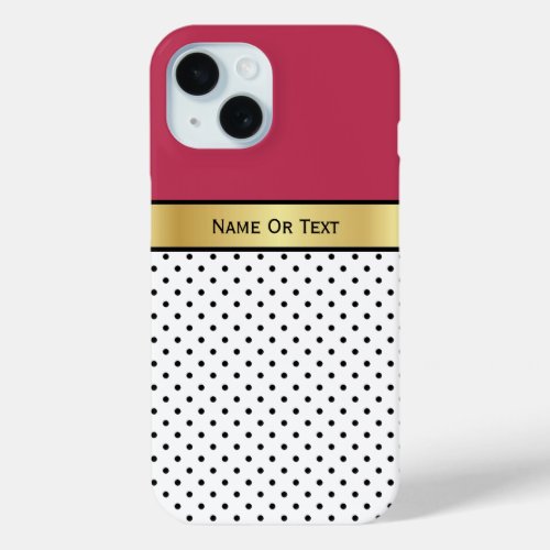 A Deep Red Viva Magenta White and Black Polka Dot iPhone 15 Case