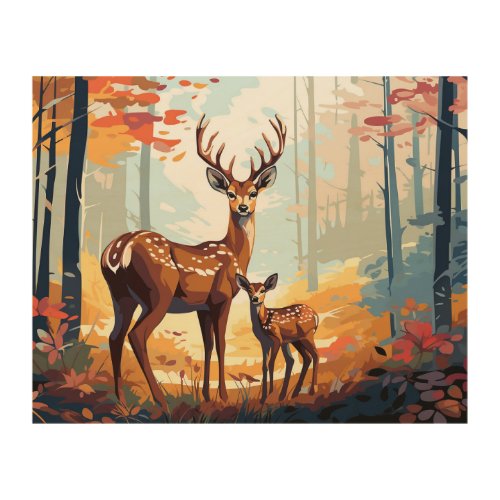 A deer and her cub in the forest WOOD WALL ART