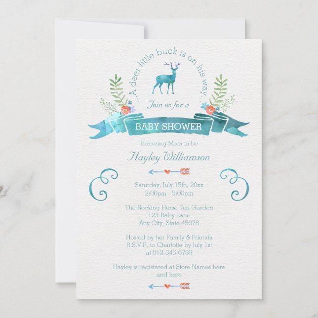 A Deer Little Buck Watercolor Banner Baby Shower Invitation (Front)
