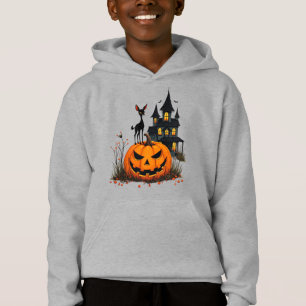 A Deer on a Halloween Pumpkin and a Haunted House Hoodie