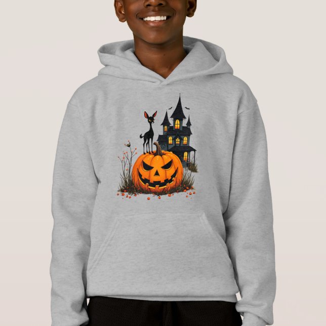 A Deer on a Halloween Pumpkin and a Haunted House Hoodie (Front)