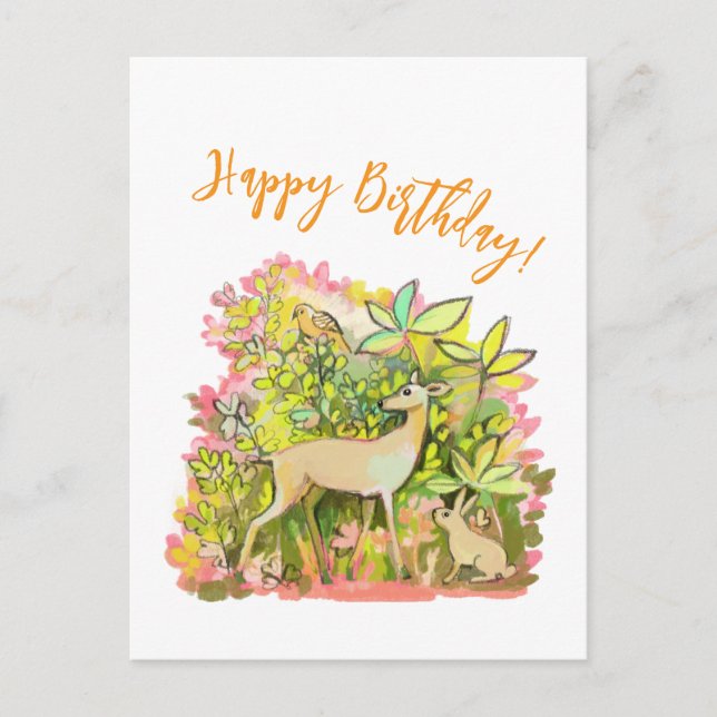 A deer, rabbit and bird friends painting postcard (Front)
