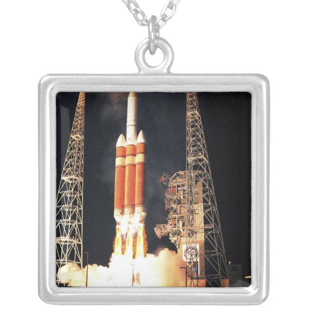 A Delta IV Heavy rocket lifts off Silver Plated Necklace (Front)