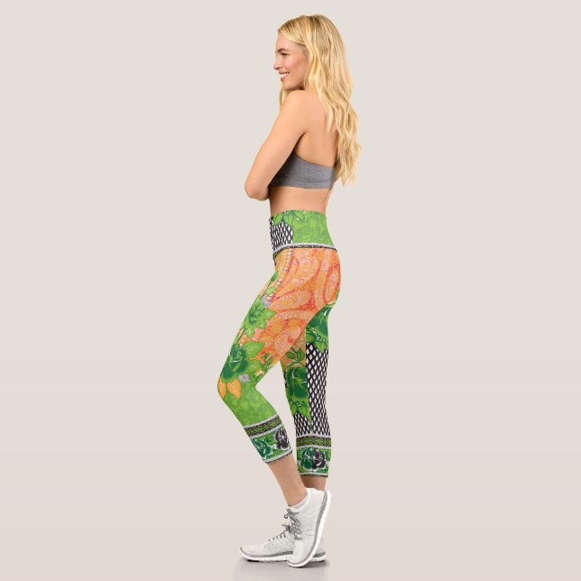 a design of a green and yellow wall hanging capri leggings (Left)