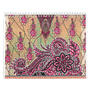 a design of a pink and brown paisley pattern calendar