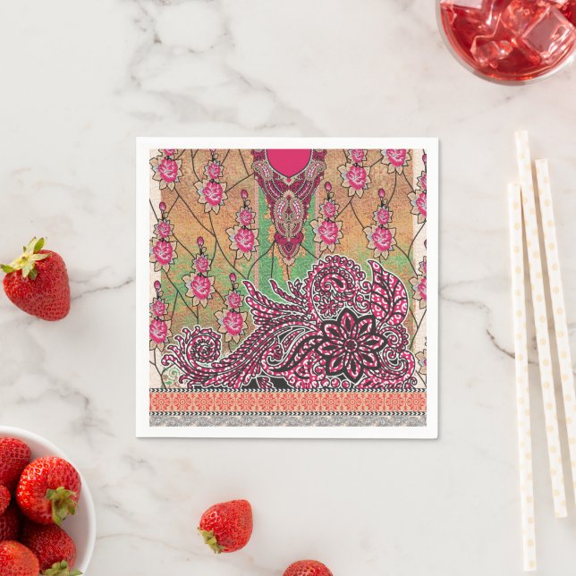 a design of a pink and brown paisley pattern napkins (Insitu)