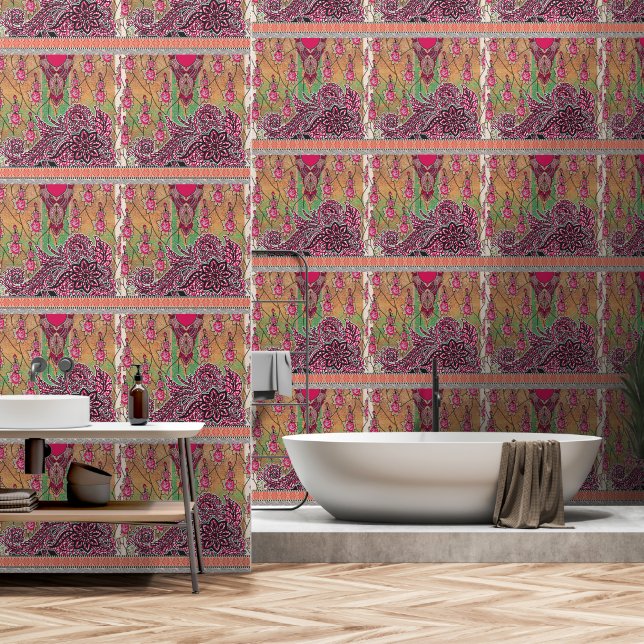 a design of a pink and brown paisley pattern wallpaper  (Bathroom)