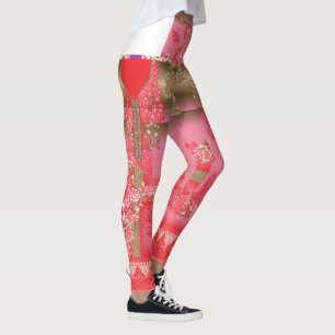 a design of a pink and gold background with a red  leggings