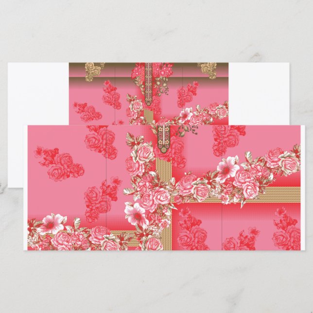 a design of a pink and gold background with a red  menu (Front/Back)