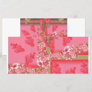 a design of a pink and gold background with a red  menu