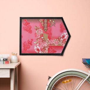 a design of a pink and gold background with a red  pennant