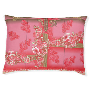 a design of a pink and gold background with a red pet bed