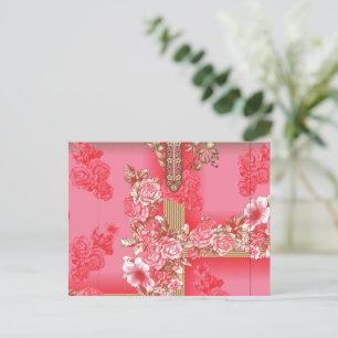a design of a pink and gold background with a red postcard