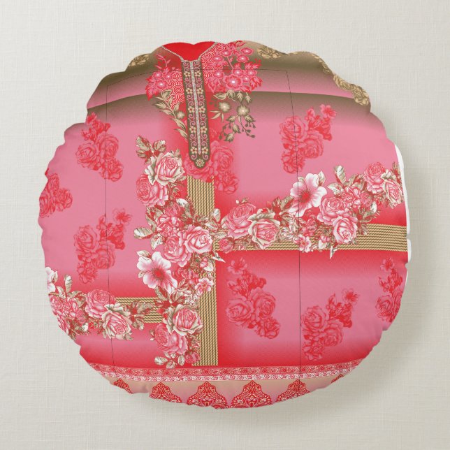 a design of a pink and gold background with a red  round pillow (Front)
