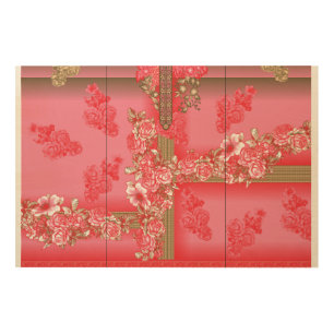 a design of a pink and gold background with a red wood wall art