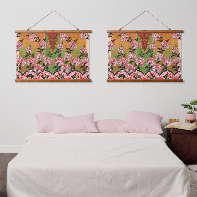 a design of a red and black wall hanging tapestry (Bedroom)