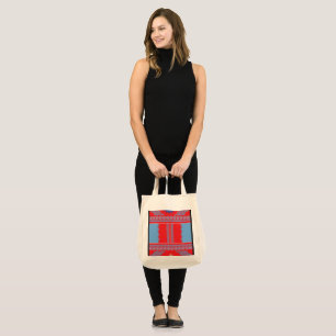 a design of a red and blue pattern tote bag