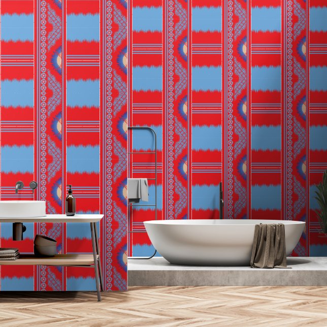 a design of a red and blue pattern wallpaper  (Bathroom)