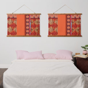 a design of a red and gold pattern hanging tapestry