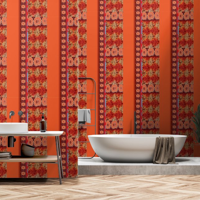 a design of a red and gold pattern wallpaper  (Bathroom)