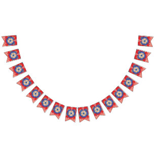 a design of a red background with a blue circle bunting flags