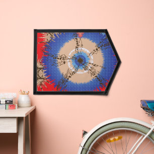 a design of a red background with a blue circle pennant