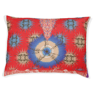 a design of a red background with a blue circle pet bed