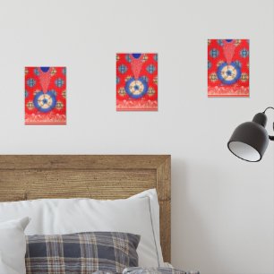 a design of a red background with a blue circle wall art sets