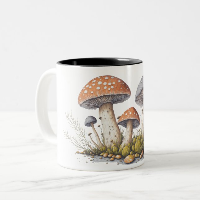 A Detailed Illustration of Mushrooms  Two-Tone Coffee Mug (Front Left)
