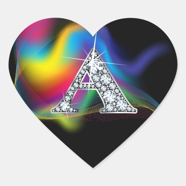 "A" Diamond Bling on Rainbow Swirl Heart Sticker (Front)