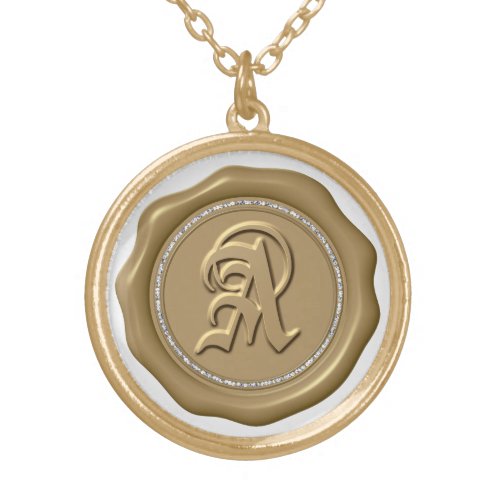 *~* &quot;A&quot; Diamond Circle GOLD Wax Seal Monogram Gold Plated Necklace