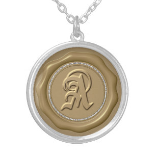 *~* "A"Diamond Circle GOLD Wax Seal Monogram Silver Plated Necklace