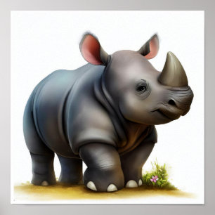 A Digital Painting of a Young Cute Rhinoceros Poster