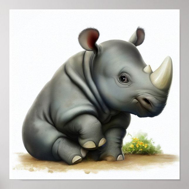 A Digital Painting of a Young Cute Rhinoceros Poster (Front)