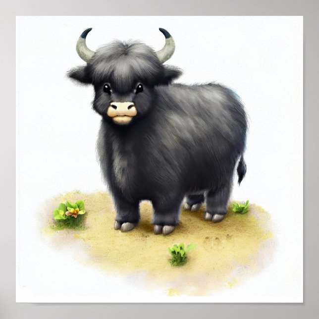 A Digital Painting of a Young Cute Yak Poster (Front)