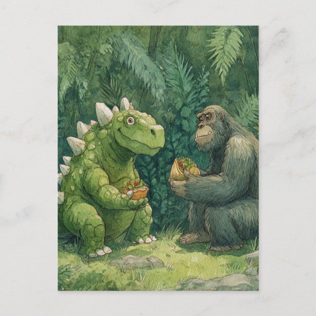 A Dino Eating a Taco Sald With a Gorilla Postcard (Front)