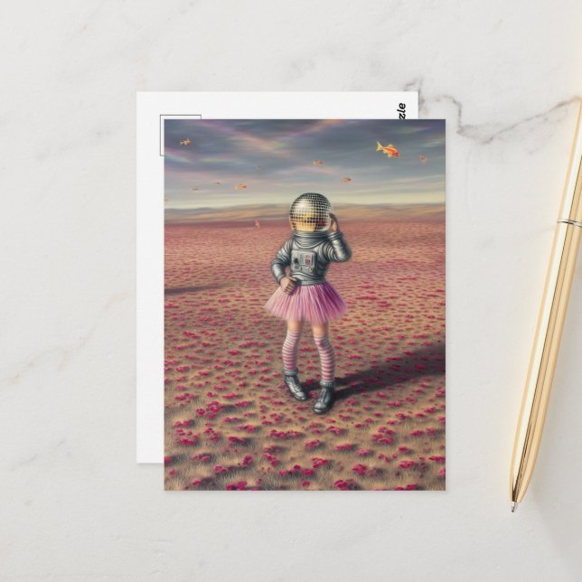 A disco astronaut in poppy meadow flying goldfish postcard (Front/Back In Situ)