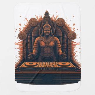 A DJ's setup in an ancient temple, surrounded by m Baby Blanket