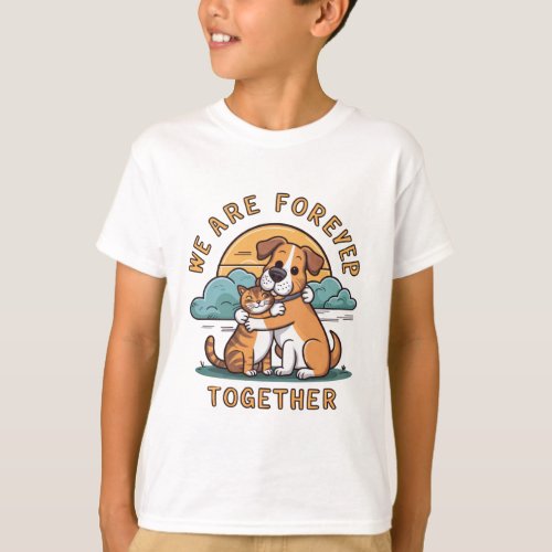 a dog hugging a cat with the sun setting  T_Shirt