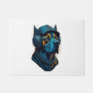 A dog listen to music doormat