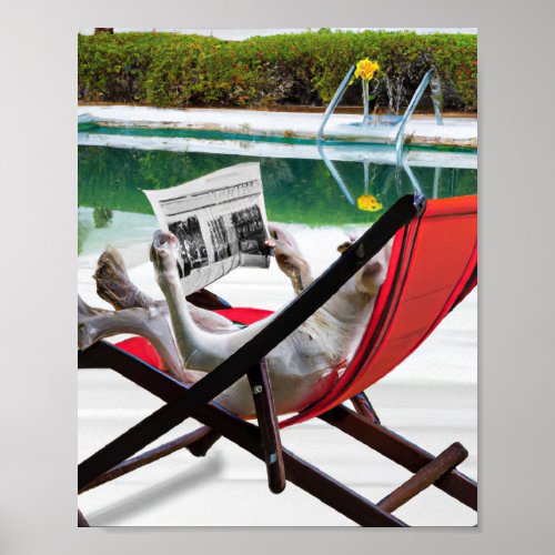 A dog reading a newspaper by the pool poster