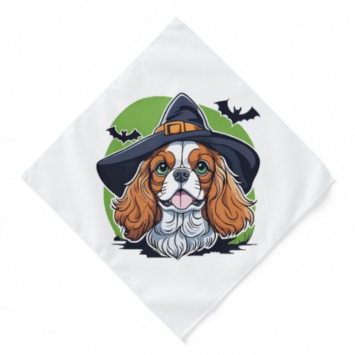 A dog wearing a witches hat with bats bandana