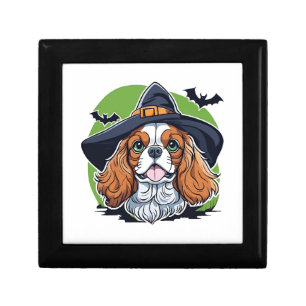 A dog wearing a witches hat with bats gift box
