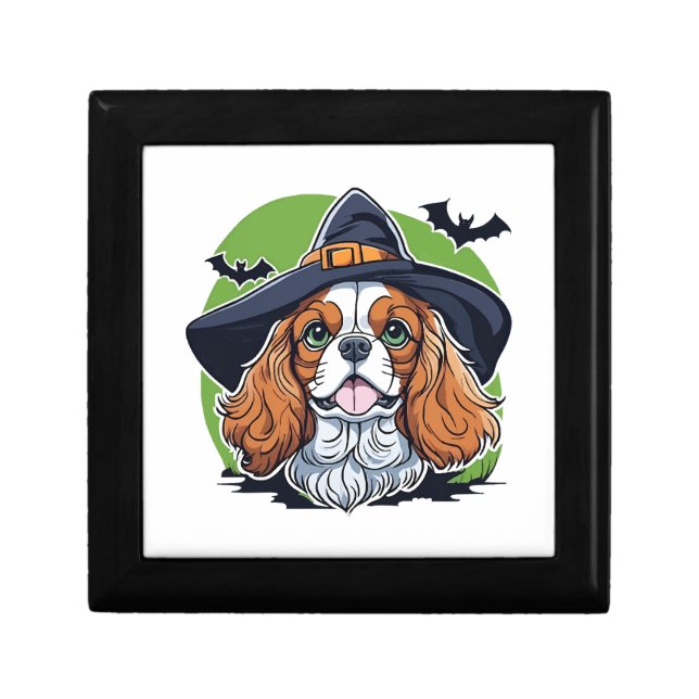 A dog wearing a witches hat with bats gift box (Front)