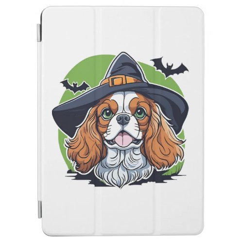 A dog wearing a witches hat with bats iPad air cover